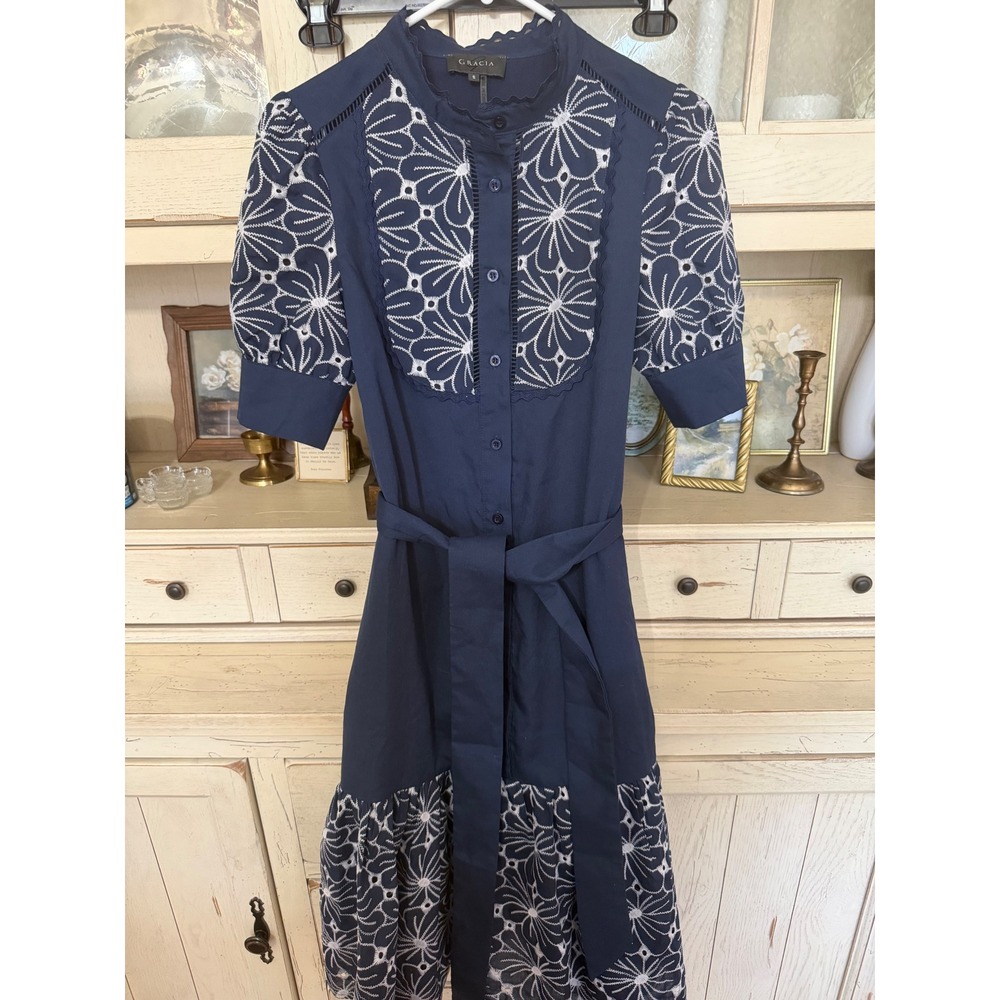 Gracia Navy Blue Embroidered Floral Midi Shirt Dress Scallop Trim Small